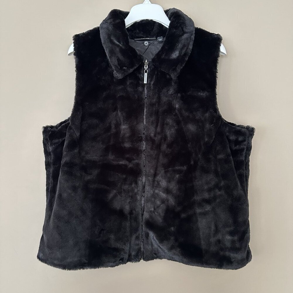 Dennis Basso Women XL Black Faux Fur Vest SOFT Zip Lined Old Money Collared